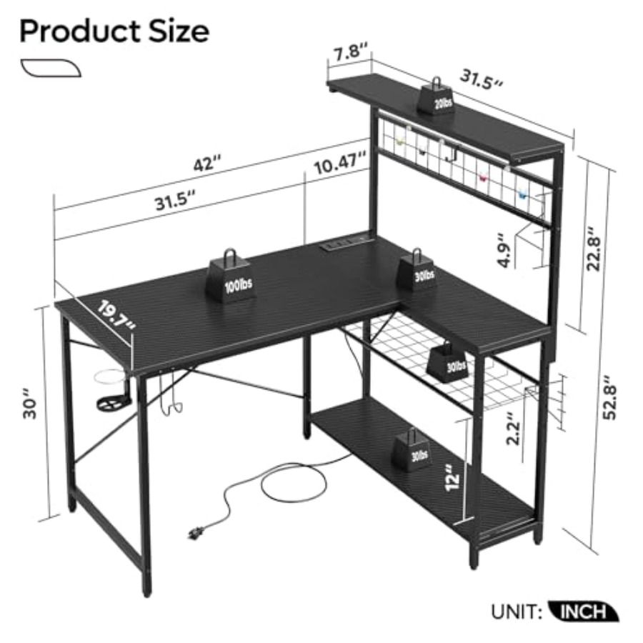 42 L Gaming Desk with Power Ou - Desk Setup L Shaped ulasan dan harga
